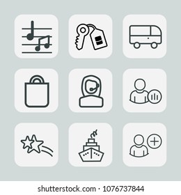 Premium set of outline icons. Such as clef, speed, present, social, call, sound, house, online, transportation, street, road, urban, key, falling, musical, traffic, center, business, shiny, user, star