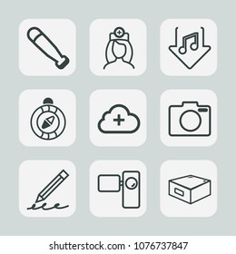 Premium set of outline icons. Such as recreation, direction, download, internet, care, compass, female, photo, write, doctor, hospital, north, cloud, ball, tripod, wood, game, camera, music, computer