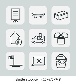 Premium set of outline icons. Such as business, skateboarding, skateboard, white, group, businessman, lorry, fashion, property, meeting, bucket, container, people, material, street, seminar, truck