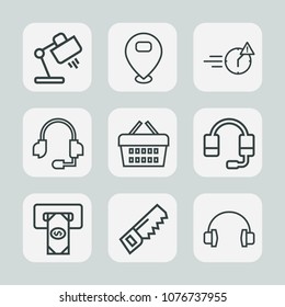 Premium set of outline icons. Such as shop, call, construction, map, time, modern, pointer, audio, saw, location, support, sign, store, pin, interior, lamp, home, sale, machine, furniture, atm, night