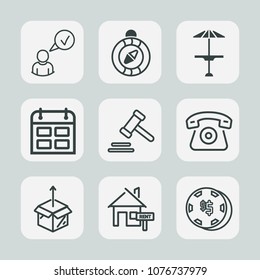 Premium set of outline icons. Such as web, compass, package, estate, casino, travel, table, rent, new, property, calendar, game, law, website, timetable, unpacking, cafe, south, cell, lawyer, internet