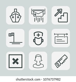 Premium set of outline icons. Such as up, upstairs, mexico, sea, medical, letter, correspondence, shipping, boat, poster, baja, human, medicine, hammer, profile, message, beach, blue, blank, banner