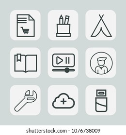 Premium set of outline icons. Such as notebook, travel, white, adventure, outdoor, shopping, button, note, video, food, plug, boy, education, interface, click, equipment, paper, technology, computer