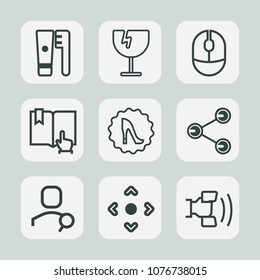 Premium set of outline icons. Such as clean, telephone, broken, vandalism, account, mobile, sharp, crack, device, social, dental, health, brush, search, book, sign, glass, button, mouse, care, circle