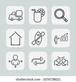 Premium set of outline icons. Such as cocktail, celebration, architecture, change, oar, personal, juice, sign, success, concept, carnival, development, road, boat, summer, home, lorry, estate, van