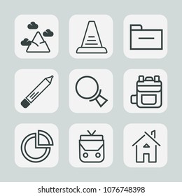 Premium set of outline icons. Such as pie, style, landscape, house, document, architecture, top, concept, storage, hill, white, step, object, find, building, office, modern, folder, home, presentation