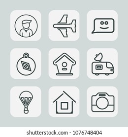 Premium set of outline icons. Such as compass, equipment, fashion, antenna, parachuting, aircraft, casual, airplane, van, transport, building, bird, south, people, transportation, camera, east, plane