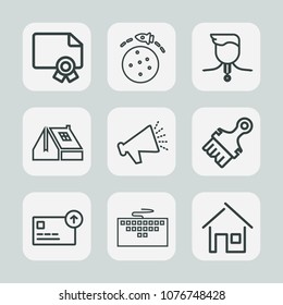 Premium set of outline icons. Such as diploma, document, success, rocket, finance, window, computer, keyboard, achievement, spaceship, money, roof, winner, gold, work, voice, award, frame, cash, sport