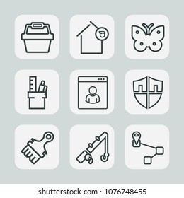 Premium set of outline icons. Such as house, map, collection, store, sport, rod, point, office, male, fishing, fly, owner, object, summer, landlord, nature, shield, profile, internet, fish, butterfly