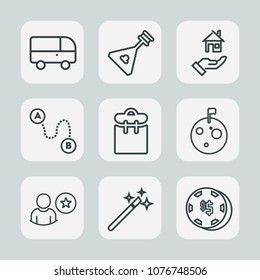 Premium set of outline icons. Such as play, road, traffic, casino, game, bus, property, person, map, point, risk, wizard, string, travel, city, phone, planet, pretty, folk, magic, wand, profile, rent