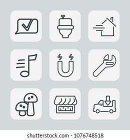 Premium set of outline icons. Such as transport, washroom, white, spanner, home, rent, mushroom, transportation, room, edible, tool, truck, nature, curtain, tune, message, wrench, house, sanitary, wc