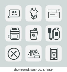 Premium set of outline icons. Such as emotion, bikini, poster, bag, technology, cancel, summer, face, equipment, woman, house, home, emergency, rucksack, girl, leather, blank, mobile, cocktail, roof