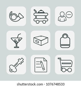 Premium set of outline icons. Such as buy, juice, document, account, service, summer, sign, market, bugle, leather, fashion, cocktail, food, music, jazz, office, style, hotel, instrument, room, key