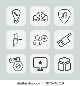 Premium set of outline icons. Such as pointing, red, white, add, phone, pink, cube, square, web, location, festival, mobile, concert, user, internet, fun, map, sign, pump, fashion, beauty, party, rock