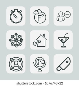 Premium set of outline icons. Such as business, countdown, property, globe, summer, glass, ship, marketing, knife, meat, weather, estate, key, world, nautical, clock, map, watch, degree, time, timer