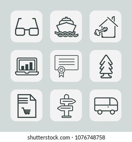 Premium set of outline icons. Such as way, market, boat, success, forest, property, transportation, water, sea, supermarket, road, vessel, tree, transport, home, chart, laptop, list, arrow, lens, key