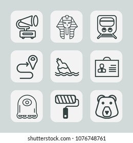 Premium set of outline icons. Such as monster, liquid, travel, roll, wild, culture, paint, grizzly, gramophone, map, bear, transportation, location, nature, sound, tool, alien, female, road, woman