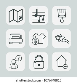 Premium set of outline icons. Such as music, business, hour, planet, element, furniture, security, clock, shiny, property, map, bedroom, musical, world, earth, double, white, apartment, note, paint