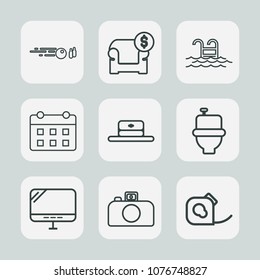 Premium set of outline icons. Such as blue, cap, insulating, strike, internet, electrical, timetable, bowling, camera, pc, interior, sofa, pool, furniture, fashion, head, hobby, hat, bowl, restroom