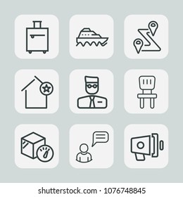 Premium set of outline icons. Such as sea, water, boat, loud, map, box, speaker, ocean, tourism, bag, transport, favorite, navigation, luggage, trip, person, transportation, room, megaphone, baggage