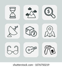 Premium set of outline icons. Such as travel, minute, weight, time, peak, concept, watch, technology, antenna, landscape, glasses, hourglass, search, internet, sign, location, sun, key, satellite, map