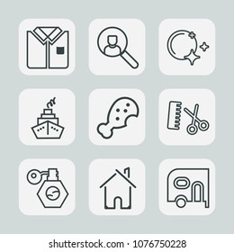 Premium set of outline icons. Such as salon, transport, food, template, web, transportation, meal, car, moon, chicken, bottle, hairdresser, home, star, short, hair, tshirt, business, building, , fast