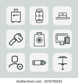Premium set of outline icons. Such as cap, weapon, modern, suitcase, axe, vacation, web, military, bag, delete, hammer, cafe, tourism, screwdriver, journey, bar, watch, card, user, credit, travel, pub