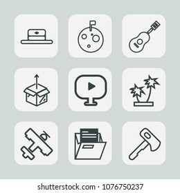 Premium set of outline icons. Such as sign, space, palm, tropical, package, video, tool, moon, construction, box, sound, head, paper, style, folder, file, screwdriver, musical, planet, hat, astronaut