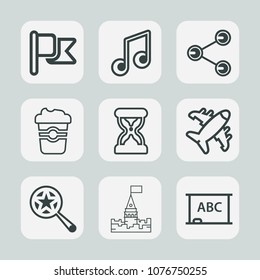 Premium set of outline icons. Such as clock, sign, clef, background, building, drink, sound, america, architecture, mug, medieval, magnifying, treble, hour, timer, red, flag, chalkboard, search, share