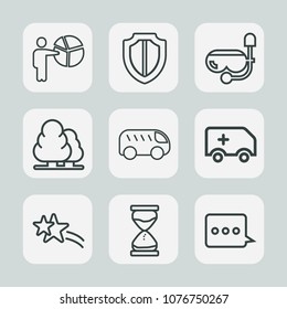 Premium set of outline icons. Such as safety, hour, forest, protect, nature, move, holiday, seminar, businessman, sea, shiny, rescue, message, environment, snorkel, security, emergency, car, male, bus