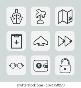 Premium set of outline icons. Such as cargo, sign, shipping, security, summer, glasses, parachuting, download, plant, extreme, transport, tree, music, transportation, sea, vessel, world, container