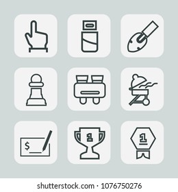 Premium set of outline icons. Such as place, computer, horse, press, chess, award, winner, search, tool, cooking, check, vision, strategy, bbq, equipment, touch, usb, button, finger, hand, technology