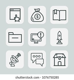 Premium set of outline icons. Such as folder, warning, spaceship, financial, rocket, speech, bubble, internet, mouse, estate, banking, finance, chat, book, bank, house, storage, business, education