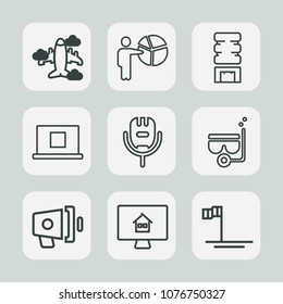 Premium set of outline icons. Such as beach, snorkel, businessman, voice, blue, sign, real, loudspeaker, sea, transport, mexico, air, speaker, meeting, flight, megaphone, online, house, loud, fly, web