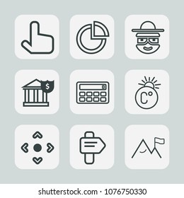 Premium set of outline icons. Such as face, pointer, chart, bank, smile, concept, scale, cash, degree, data, happy, arrow, click, accounting, technology, character, money, fahrenheit, temperature, pie