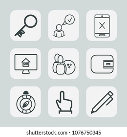 Premium set of outline icons. Such as north, property, internet, complete, unlock, wallet, pen, money, compass, pin, connection, button, east, technology, real, ball, direction, pencil, cancel, house