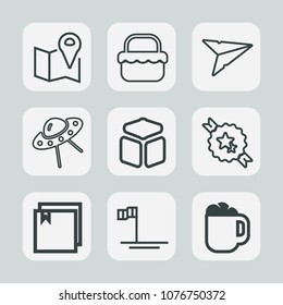 Premium set of outline icons. Such as sign, grass, map, lunch, baja, ribbon, send, park, cafe, square, drink, blue, food, message, nature, cup, email, space, basket, spaceship, meal, mail, file, mug