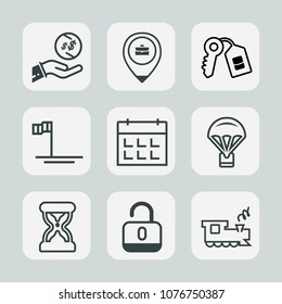 Premium set of outline icons. Such as sign, blue, train, lock, money, dollar, timetable, open, beach, investment, hour, map, schedule, unlock, key, baja, clock, location, work, parachute, house, ocean