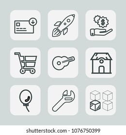 Premium set of outline icons. Such as holiday, hand, money, wealth, astronaut, orbit, spanner, currency, music, sack, white, musical, wrench, science, estate, repair, cash, exploration, dollar, house