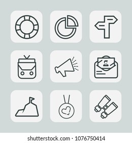 Premium set of outline icons. Such as float, loudspeaker, blue, post, envelope, diagram, chart, fashion, search, voice, watch, speaker, swim, glasses, direction, spy, love, graphic, graph, sound, pool