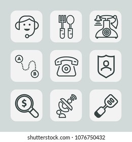 Premium set of outline icons. Such as security, utensil, protection, service, customer, telephone, computer, home, internet, kitchen, meal, concept, knife, space, vintage, shield, phone, destination