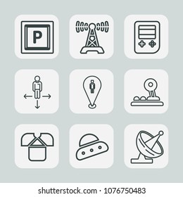 Premium set of outline icons. Such as zone, broadcasting, ship, technology, car, map, communication, equipment, pin, shirt, satellite, place, dish, travel, sound, ufo, cotton, broadcast, spaceship