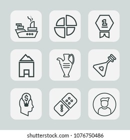Premium set of outline icons. Such as boat, music, musical, weapon, diagram, graphic, ocean, winner, transport, game, achievement, military, element, sea, string, vase, chart, first, male, pottery
