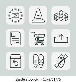 Premium set of outline icons. Such as water, canoe, upload, paddle, camera, climb, distribution, , cart, factory, storehouse, boat, return, up, oar, stair, goods, personal, photo, step, business, id