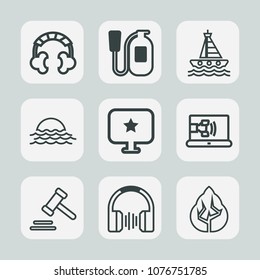 Premium set of outline icons. Such as sea, ocean, stereo, call, nature, communication, internet, speed, alarm, danger, law, boat, business, travel, yacht, online, landscape, computer, vessel, red, sun