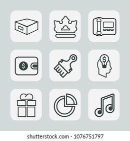 Premium set of outline icons. Such as luxury, note, brush, finance, music, white, gift, chart, concept, dollar, giftbox, sound, box, royal, graph, purse, phone, queen, wallet, crown, musical, pay, pie