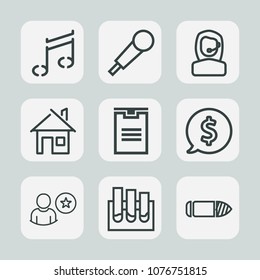 Premium set of outline icons. Such as note, audio, horizontal, label, graphic, medical, melody, tag, box, bullet, online, package, medicine, gun, karaoke, speech, building, studio, research, mic, sign
