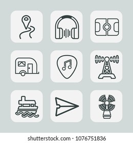 Premium set of outline icons. Such as vehicle, traffic, game, musical, station, internet, map, message, white, transport, vessel, van, pitch, sound, music, email, sea, lighthouse, route, ocean, web