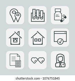 Premium Set Of Outline Icons. Such As City, Sun, Medical, Medication, Sign, Test, Pharmacy, Home, Pin, Drug, Medicine, Finance, Tube, Banking, Estate, Employer, Laboratory, Employee, Sunglasses, House