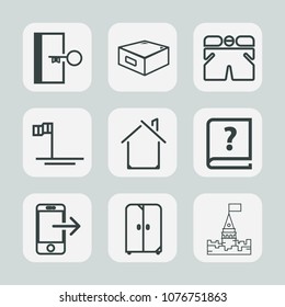 Premium set of outline icons. Such as mobile, ocean, baja, white, architecture, drawer, paper, graphic, cupboard, office, fire, furniture, interior, castle, house, blue, technology, wear, escape, sign